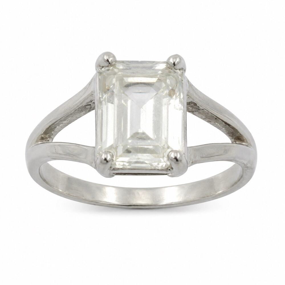Vintage Clear Emerald Cut Cocktail Ring Sterling Silver Tone Statement Size 7